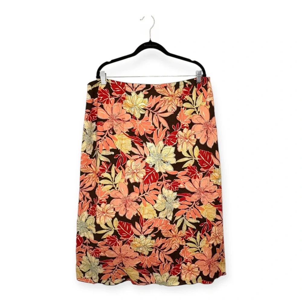 Liz Claiborne Linen Floral Midi Skirt Brown Orange Vacation Boho Preppy 20W